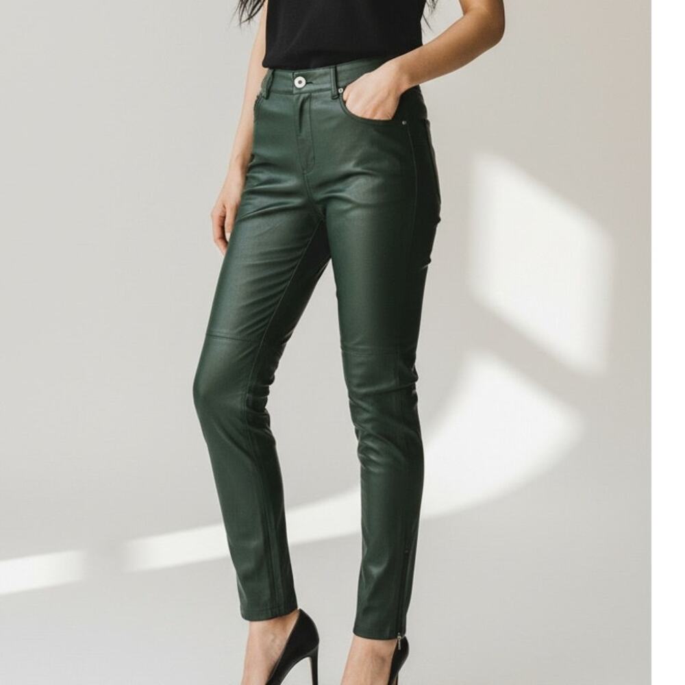 NWT ZARA Faux Leather Hi Elastic Waist Skinny Zip Up Ankle Crop Pants XS Green